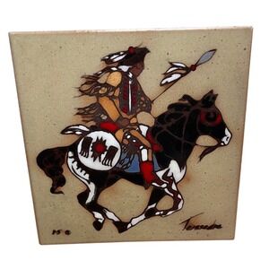 Vintage Cleo Teissedre Designs Navajo Indian on Horse Trivet Coaster Wall Art 6"